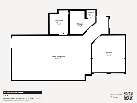 Floor plan for 1 bed, 1 bath, 885 sqft